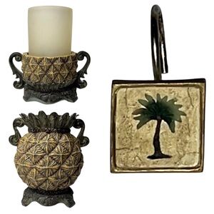 Vintage Pineapple Toothbrush Cup Candle Holder & Palm Tree Shower Curtain Hooks
